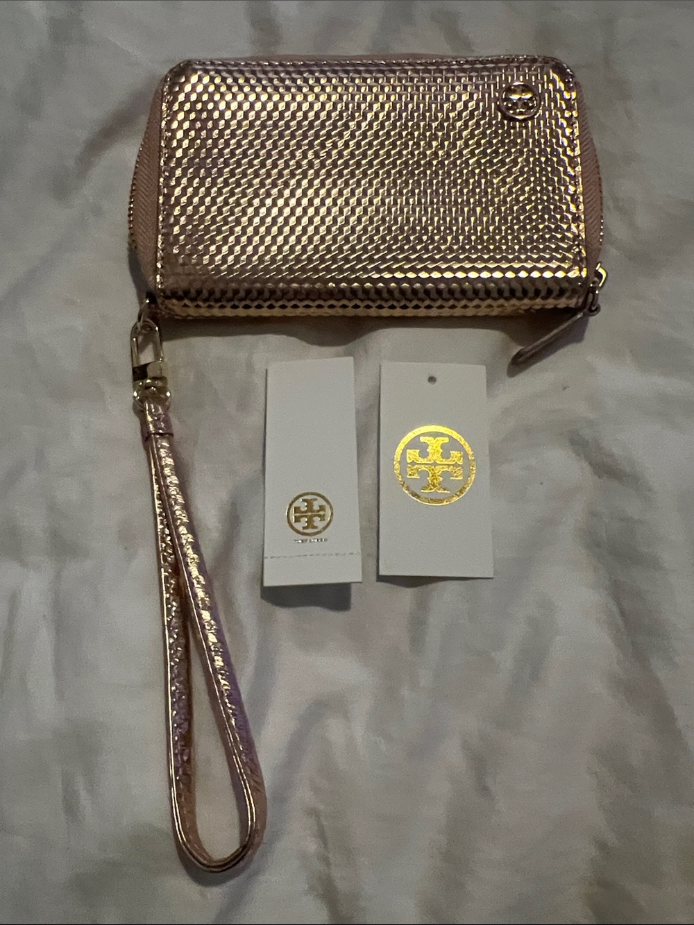 Tory Burch Metallic Rose Gold Textured Wristlet